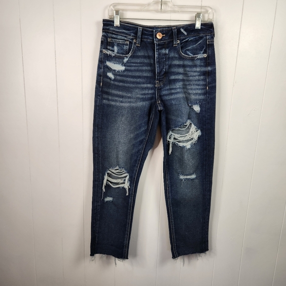 American Eagle AEO Dark Wash Tomgirl Jeans Stretch Cropped Frayed Button Fly 4 - Picture 2 of 13